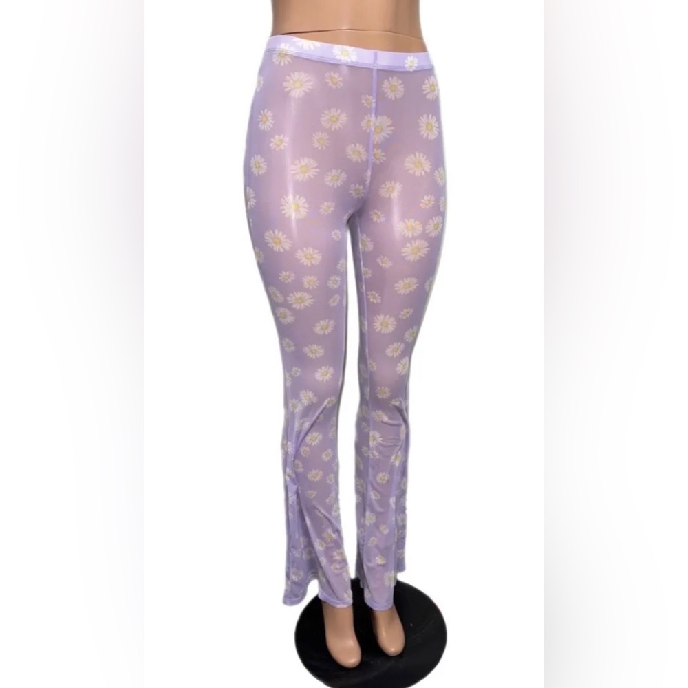 HIGH WAISTED MULTI COLOR DAISY PRINT FLARED LONG PANTS semi sheer